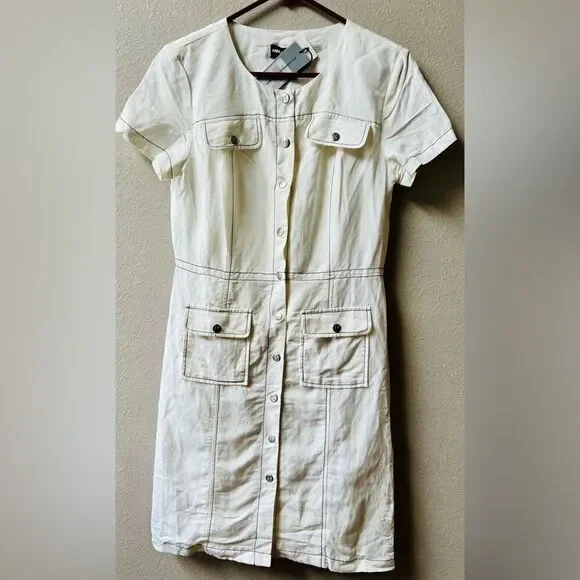 Karl Lagerfeld Paris Women's Linen Blend Soft White Utility Dress Size 6~NWT - Picture 3 of 9